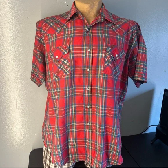 Ely Cattleman Western Red Plaid Shirt Mens XL Pearl Snap Vintage - Picture 3 of 11